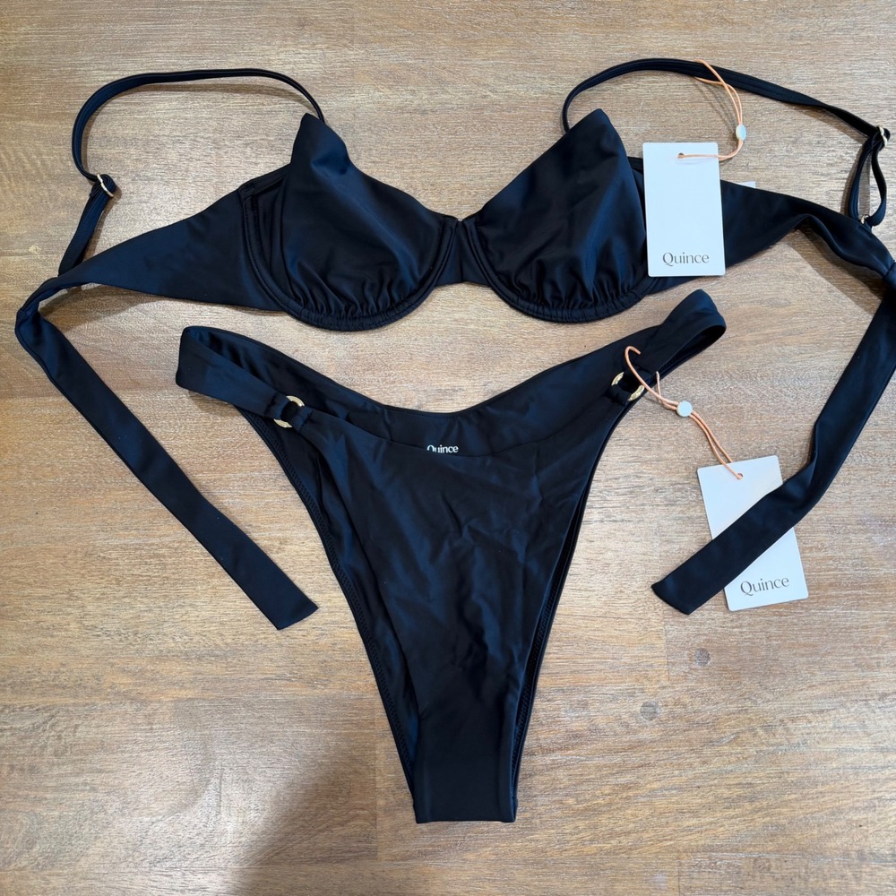 Quince Black Bikini Set Gold Ring High Leg Swimsuit NWT M Bathing Suit Beach